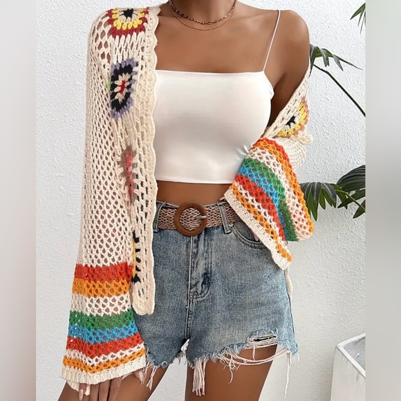 NEW| Women's Crochet Floral Pattern Long Sleeve Lightweight Knit Cadigan - Picture 5 of 8